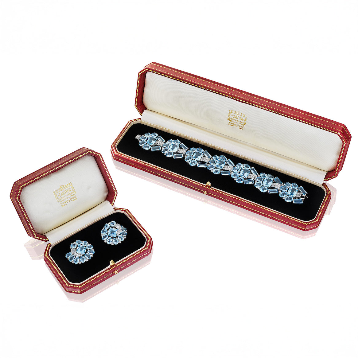 Art Deco Aquamarine and Diamond Bracelet and Ear Clips by Cartier, London, circa 1935