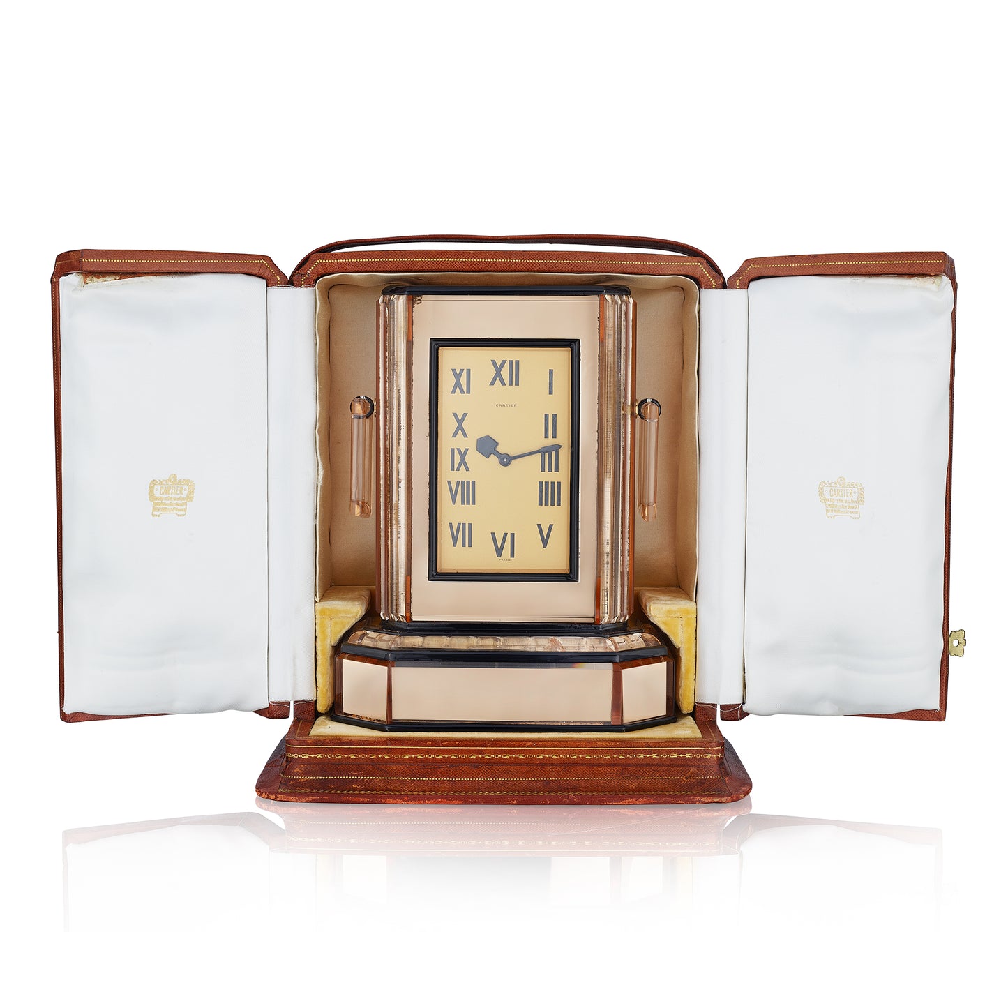 Art Deco Tinted Looking Glass Clock by Cartier, Paris, 1931