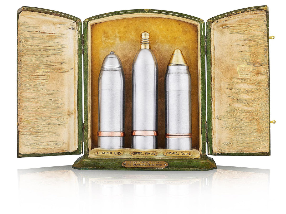 Set of Three Shrapnel Shells Presented by the André Citroën Factory to General John J. Pershing by Cartier, Paris, 1917