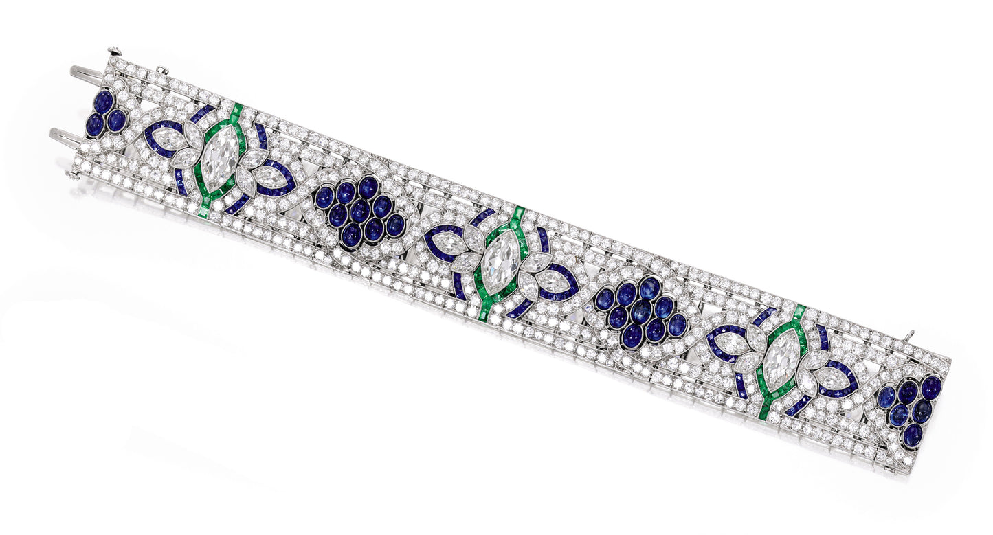 ART DECO PLATINUM, DIAMOND, SAPPHIRE, AND EMERALD BRACELET BY OSCAR HEYMAN & BROTHERS, NEW YORK, CIRCA 1925