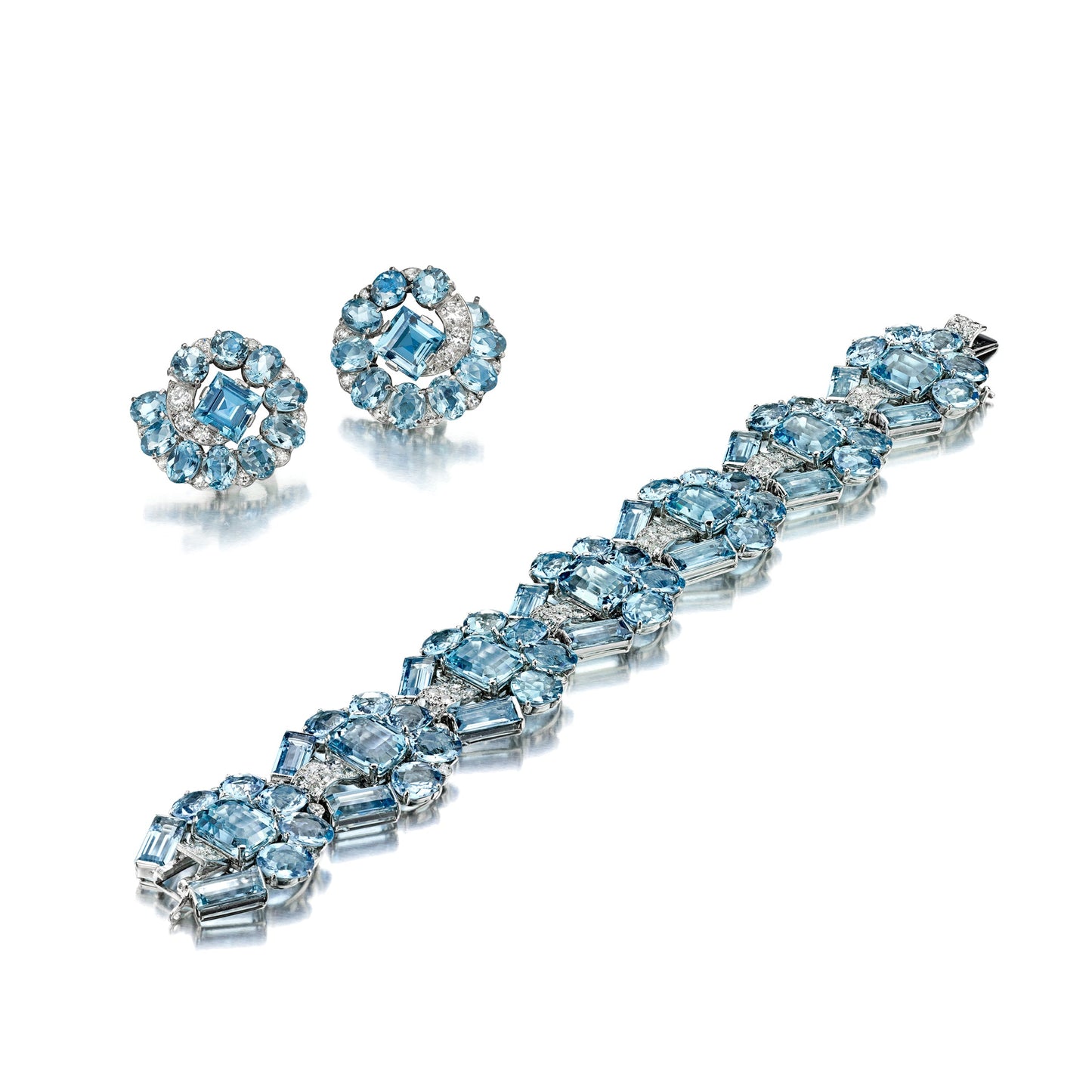 Art Deco Aquamarine and Diamond Bracelet and Ear Clips by Cartier, London, circa 1935