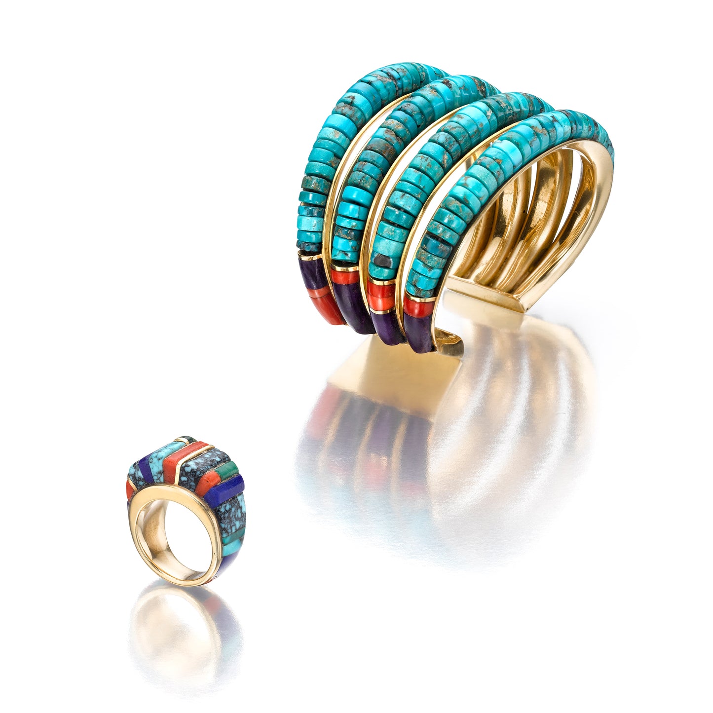TURQUOISE, CORAL, SUGALITE, AND GOLD BRACELET AND RING BY CHARLES LOLOMA, HOTEVILLA, ARIZONA , CIRCA 1975