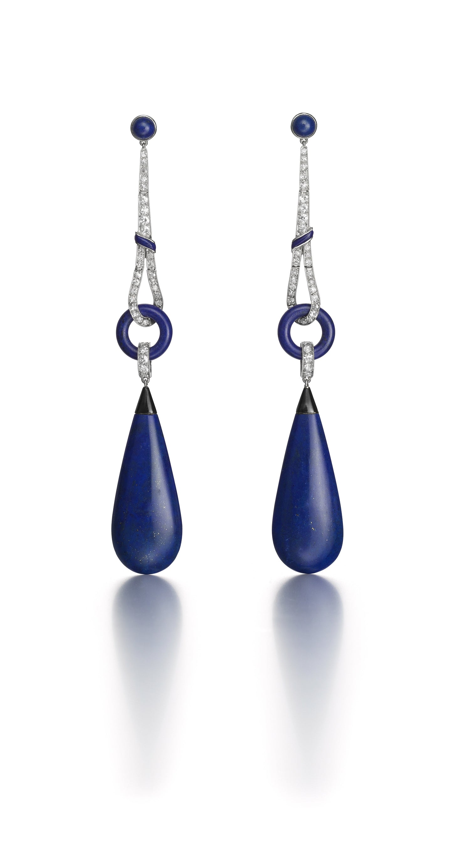PAIR OF ART DECO PLATINUM, LAPIS LAZULI, DIAMOND, AND ENAMEL PENDANT EARRINGS BY BOUCHERON, PARIS, CIRCA 1925