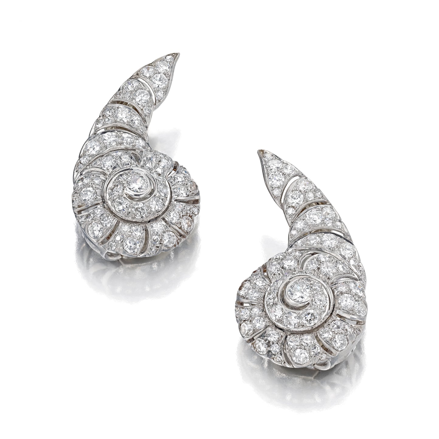 ART DECO DIAMOND NAUTILUS-SHELL EAR CLIPS BY SUZANNE BELPERRON FOR RENÉ BOIVIN, PARIS, 1933