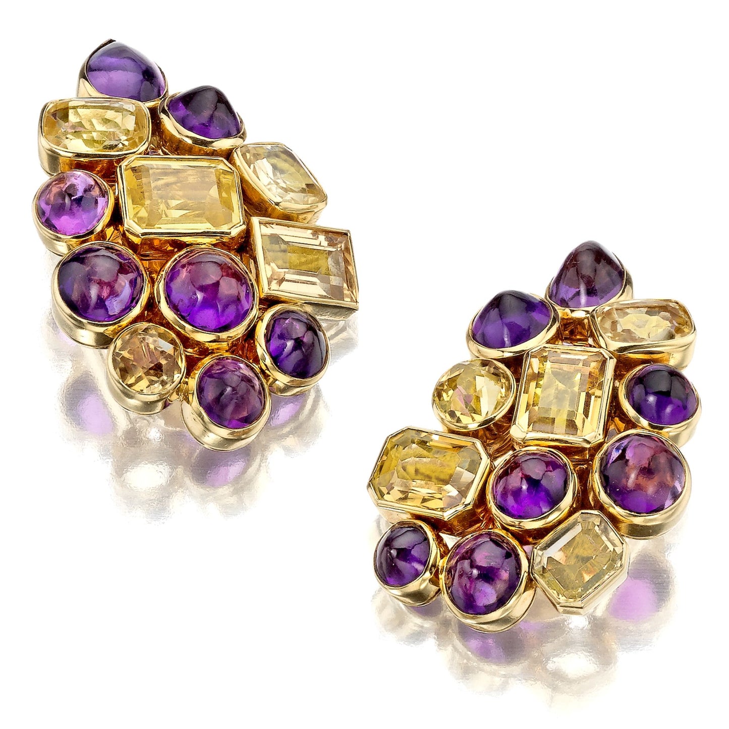 SUITE OF AMETHYST, YELLOW SAPPHIRE, AND CITRINE BROOCH, EAR CLIPS, AND RING BY SUZANNE BELPERRON, PARIS, 1951