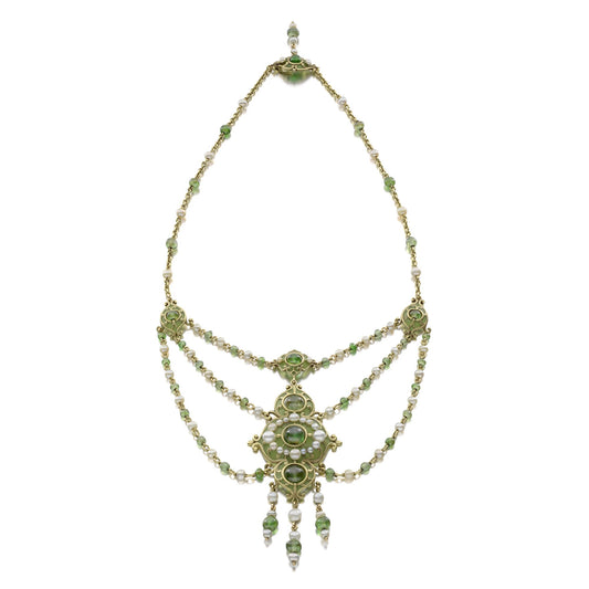 ARTS AND CRAFTS PEARL, DEMANTOID GARNET, AND PLIQUE-À-JOUR ENAMEL NECKLACE BY MARCUS & CO., NEW YORK, CIRCA 1900
