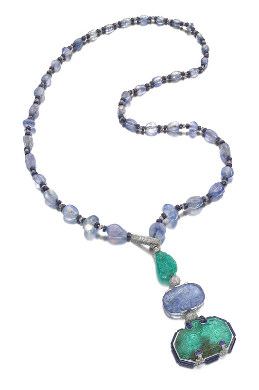 THE  BARON  DE  ROTHSCHILD  NECKLACE:  AN  ART  DECO  EMERALD,  SAPPHIRE,  LAPIS  LAZULI,  AND  DIAMOND  PENDANT  NECKLACE  DESIGNED  BY  CHARLES  JACQUEAU  FOR  CARTIER,  PARIS,  1924