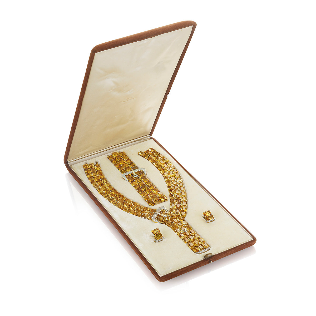 THE TIBBETT SUITE: A CITRINE AND DIAMOND BELT WITH A BUCKLE NECKLACE AND EARRINGS BY PAUL FLATO, NEW YORK, CIRCA 1940, BRACELET BY LAMBERT BROTHERS, NEW YORK, CIRCA 1950