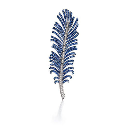 SAPPHIRE AND DIAMOND FEATHER BROOCH BY PAUL FLATO, NEW YORK, CIRCA 1940
