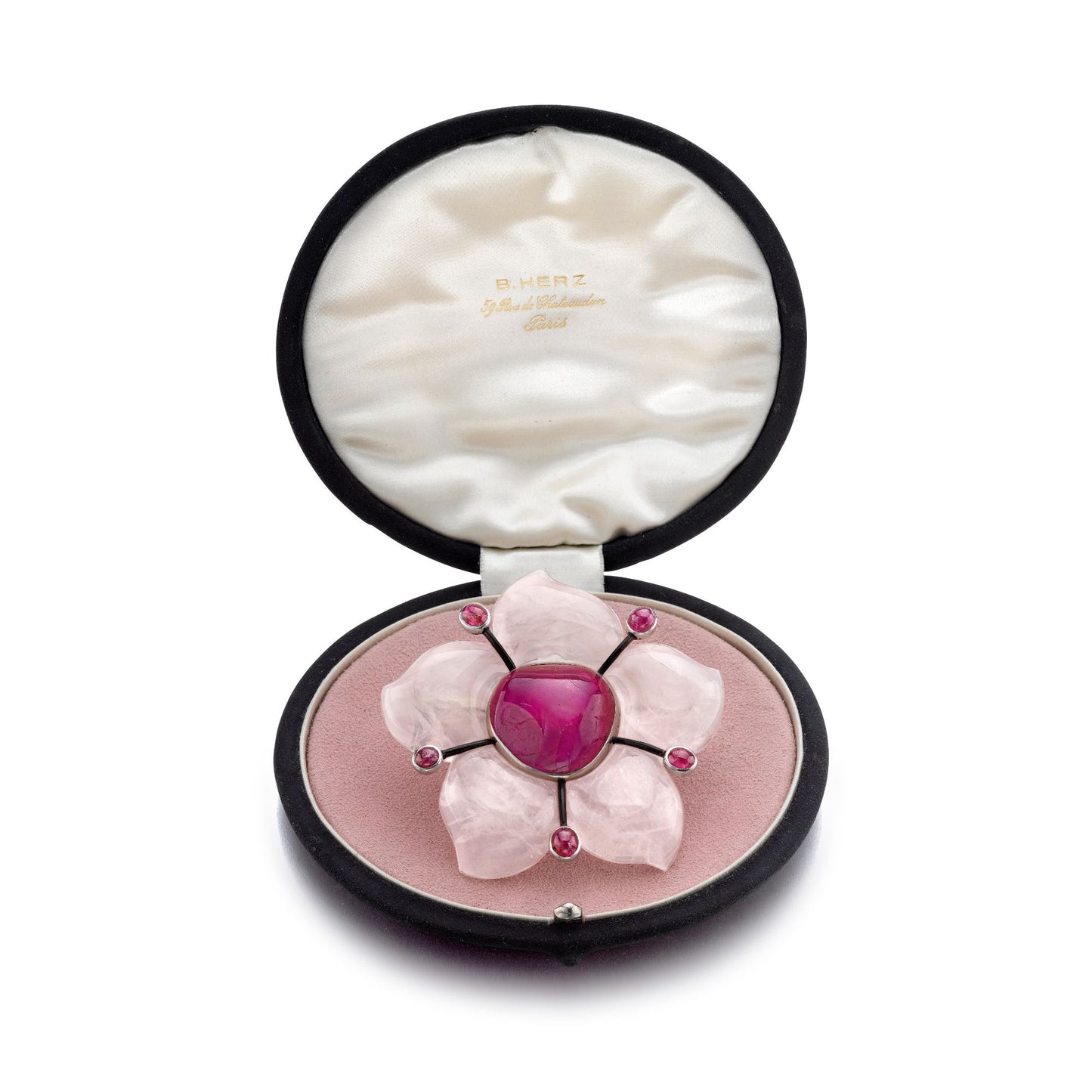 RUBY, ROSE QUARTZ, AND ENAMEL “FLEUR” BROOCH BY SUZANNE BELPERRON, PARIS, CIRCA 1936