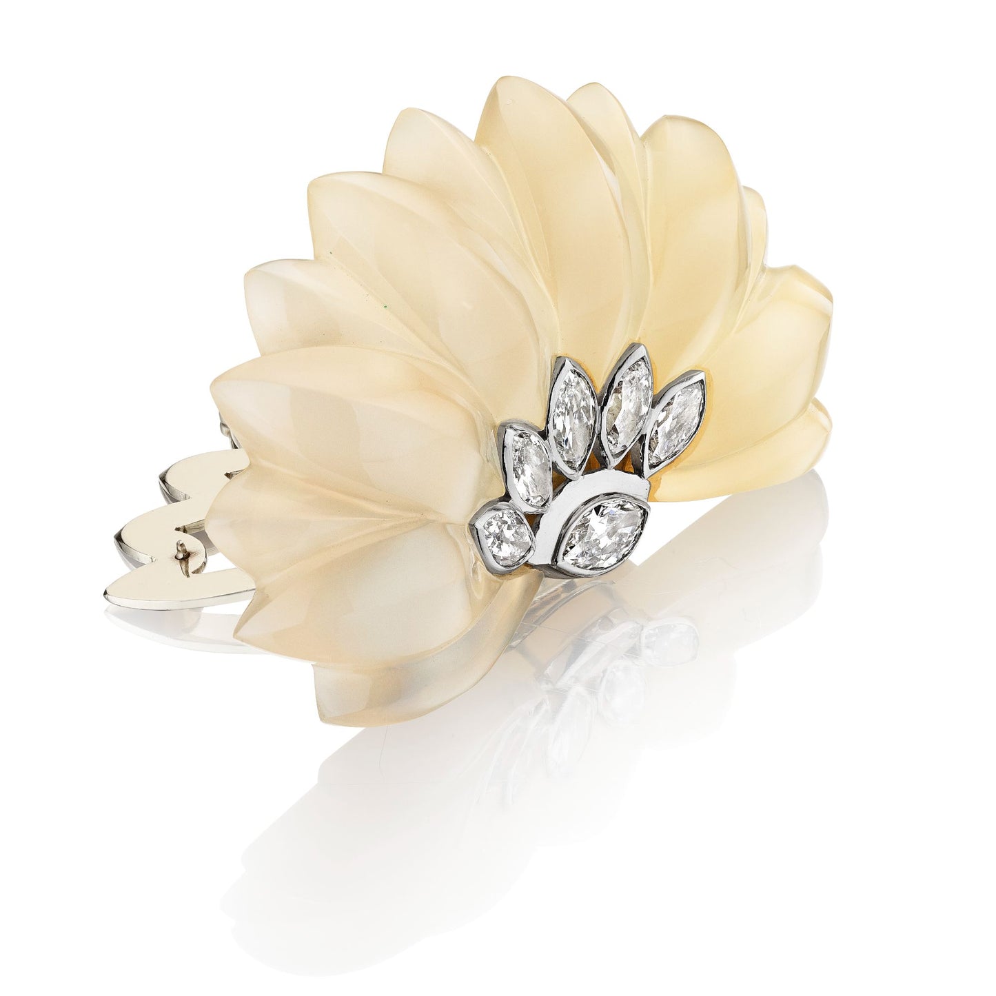 ART MODERNE CHALCEDONY AND DIAMOND DEMI-MARGUERITE BROOCH BY SUZANNE BELPERRON, PARIS, CIRCA 1945