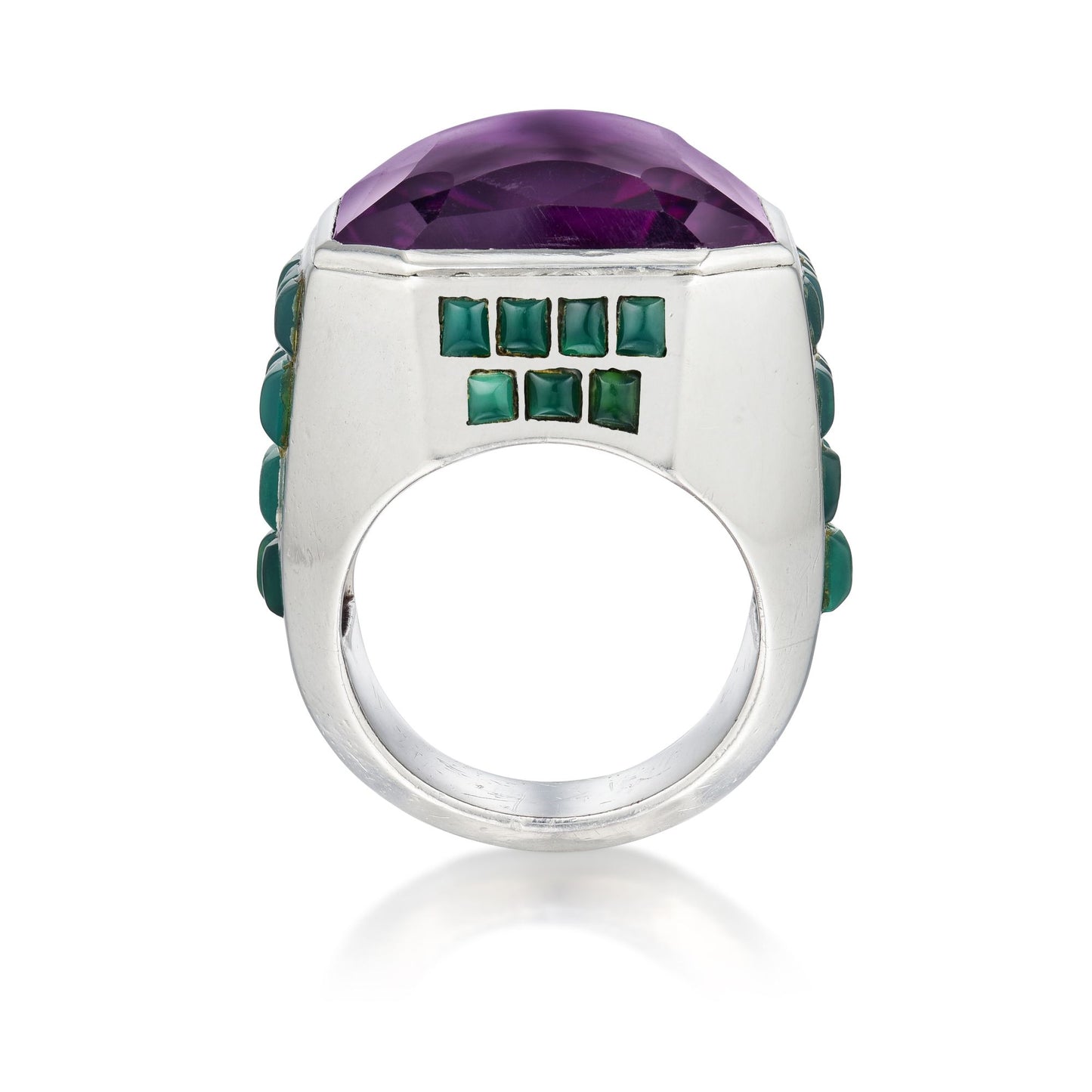 ART MODERNE AMETHYST AND CHRYSOPRASE RING BY SUZANNE BELPERRON, PARIS, CIRCA 1935