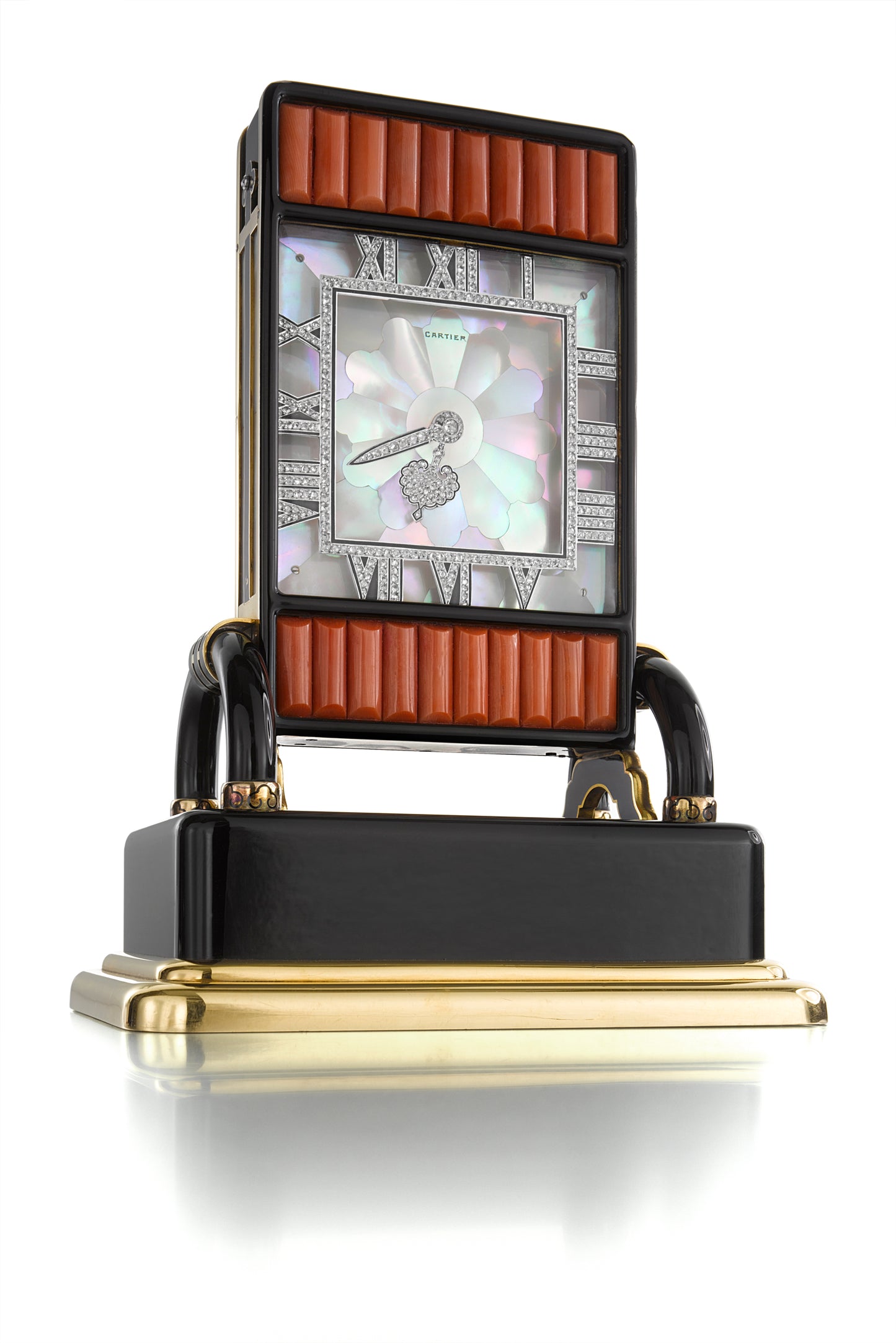 ART DECO ONYX, ENAMEL, CORAL AND DIAMOND ÉCRAN CLOCK BY CARTIER, PARIS, 1926