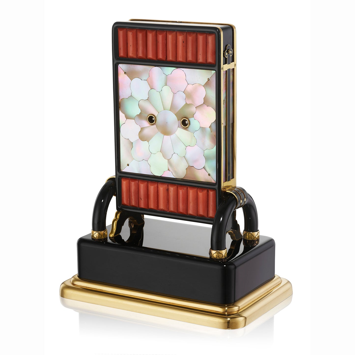 ART DECO ONYX, ENAMEL, CORAL AND DIAMOND ÉCRAN CLOCK BY CARTIER, PARIS, 1926
