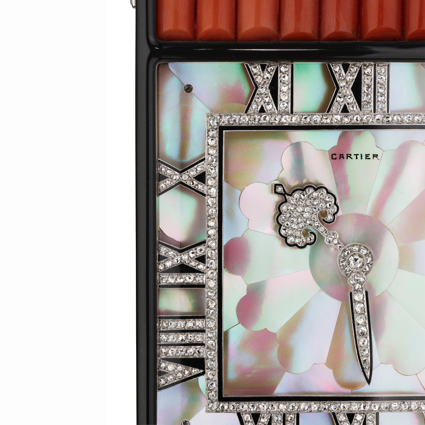 ART DECO ONYX, ENAMEL, CORAL AND DIAMOND ÉCRAN CLOCK BY CARTIER, PARIS, 1926
