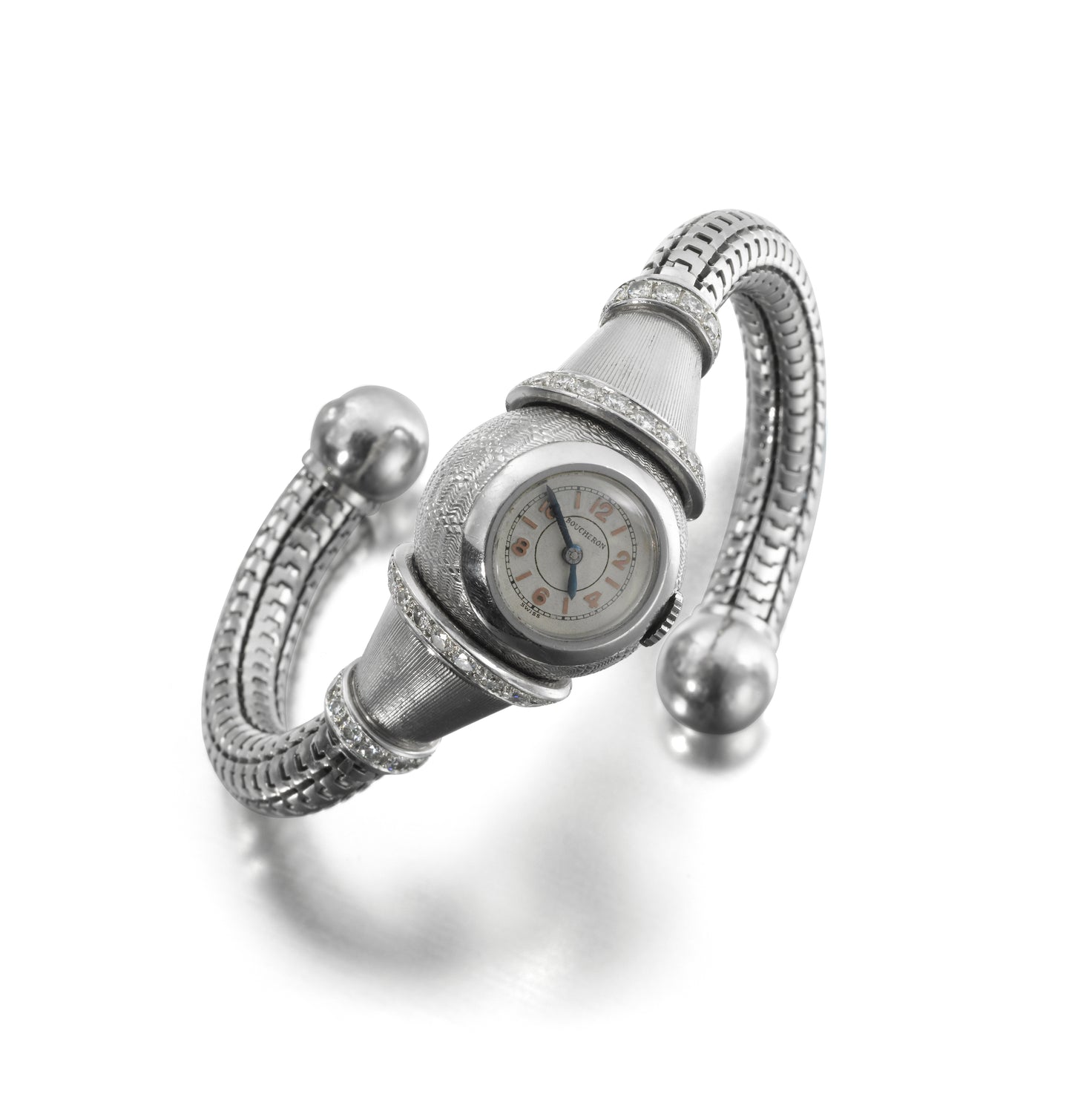 ART MODERNE PLATINUM AND DIAMOND PIVOTING BALL WRISTWATCH BY BOUCHERON, PARIS, CIRCA 1937