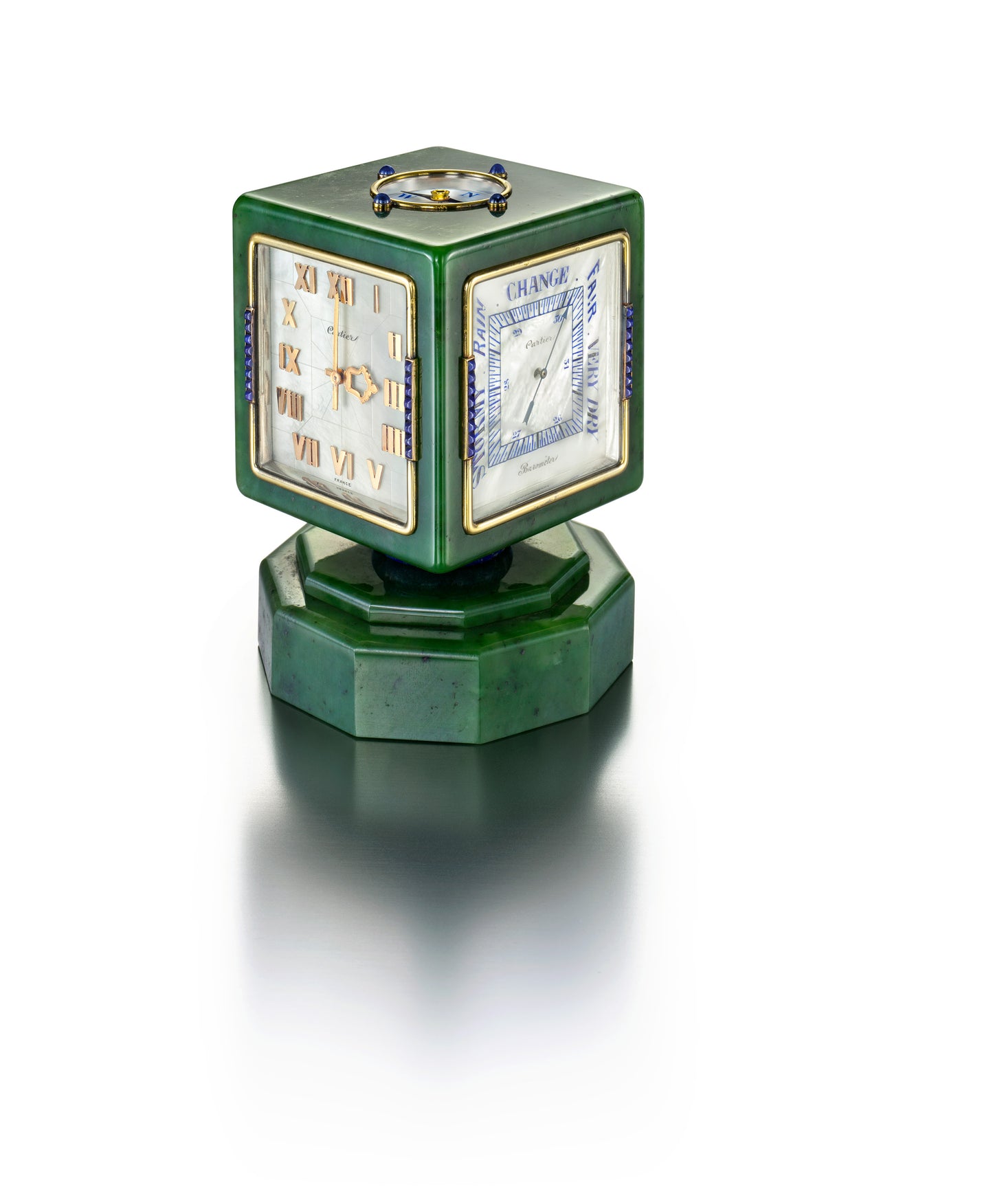 ART DECO NEPHRITE JADE, SAPPHIRE, AND MOTHER-OF-PEARL REVOLVING DESK CLOCK WITH CALENDAR, BAROMETER, THERMOMETER, AND COMPASS BY CARTIER, CIRCA 1930