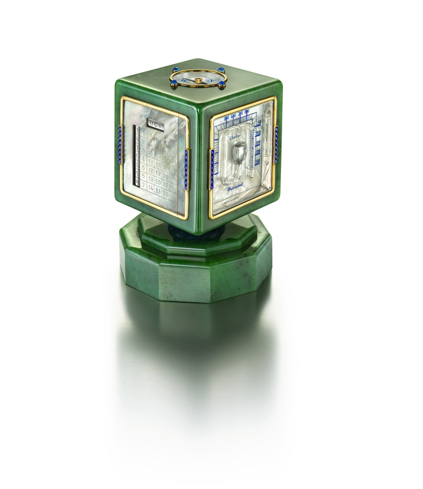 ART DECO NEPHRITE JADE, SAPPHIRE, AND MOTHER-OF-PEARL REVOLVING DESK CLOCK WITH CALENDAR, BAROMETER, THERMOMETER, AND COMPASS BY CARTIER, CIRCA 1930