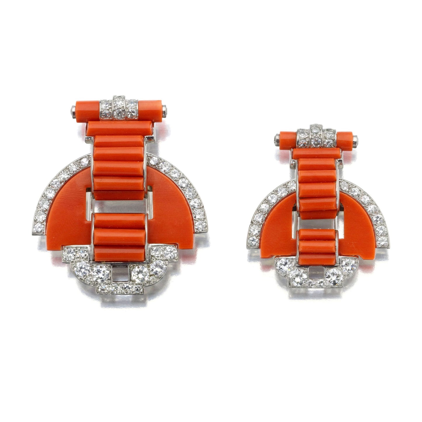 ART DECO CORAL AND DIAMOND CLOAK CLASP CONVERTIBLE TO CLIPS BY CARTIER, LONDON, CIRCA 1925
