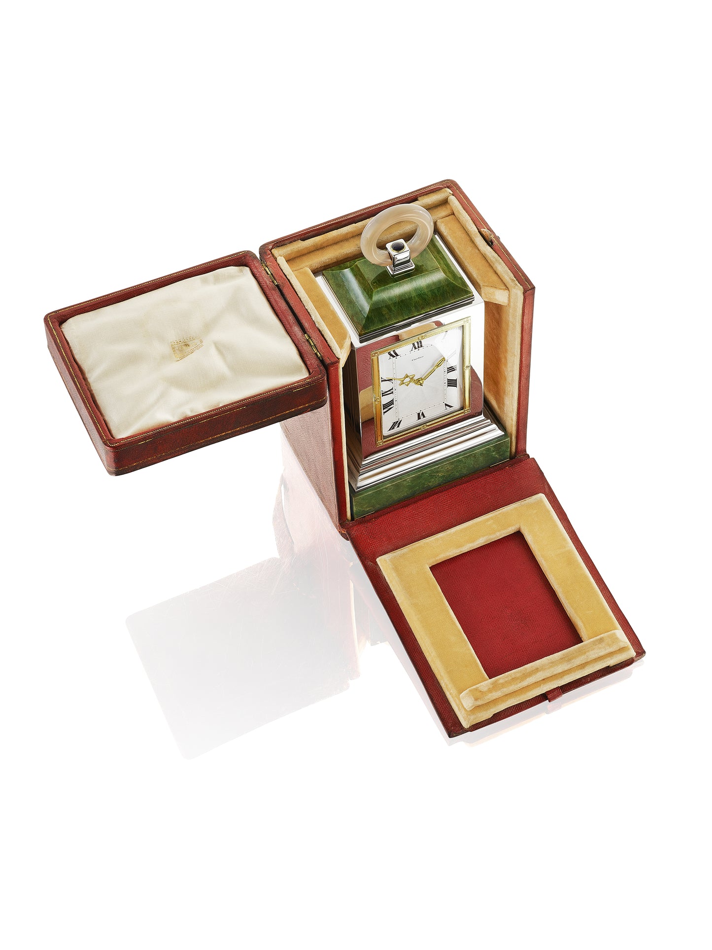 Art Deco Nephrite, Chalcedony, Sterling Silver and Gold Clock by Cartier, Paris, circa 1920, Manufactured by Maurice Couet