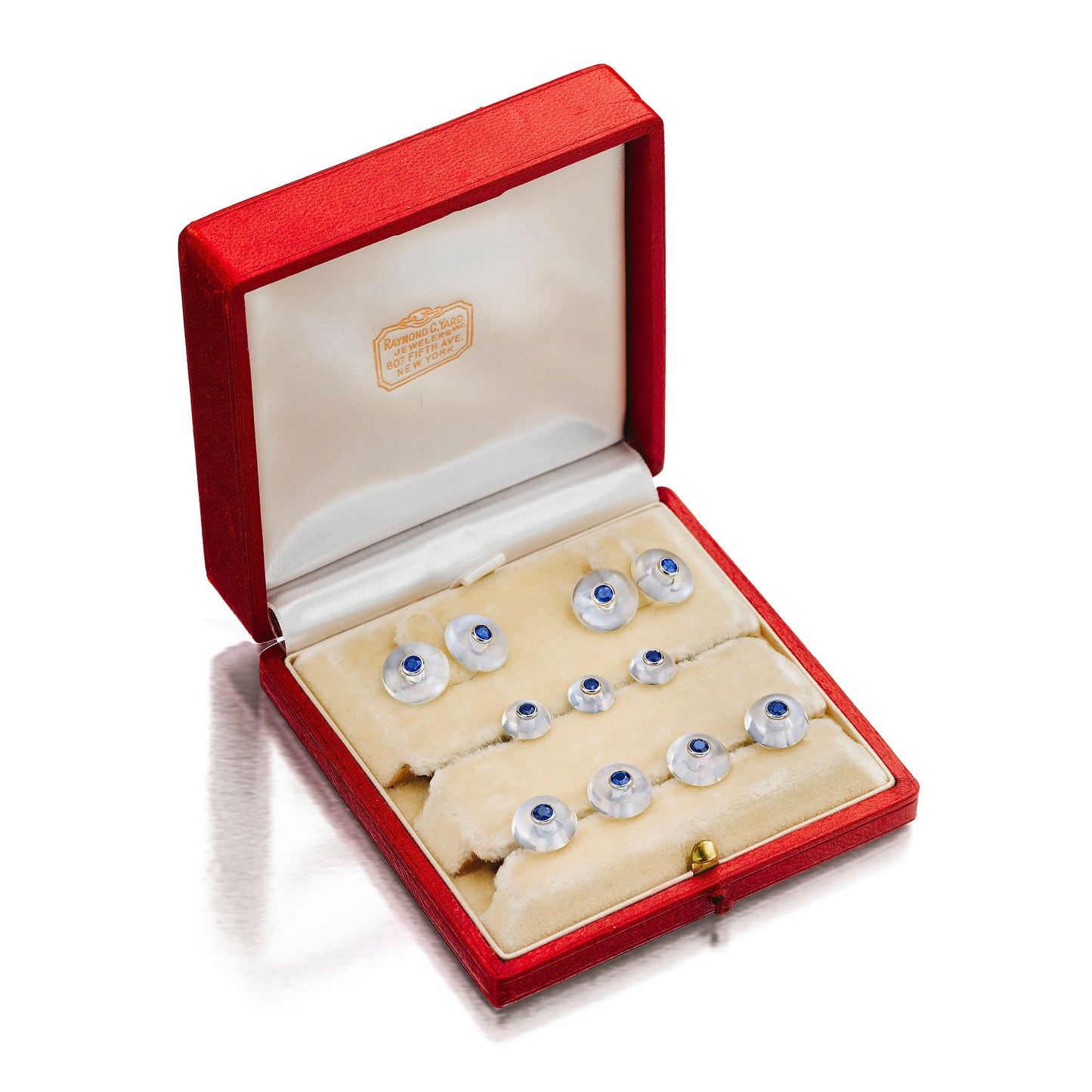 ART DECO MOONSTONE AND SAPPHIRE DRESS SET BY RAYMOND YARD, NEW YORK, CIRCA 1920