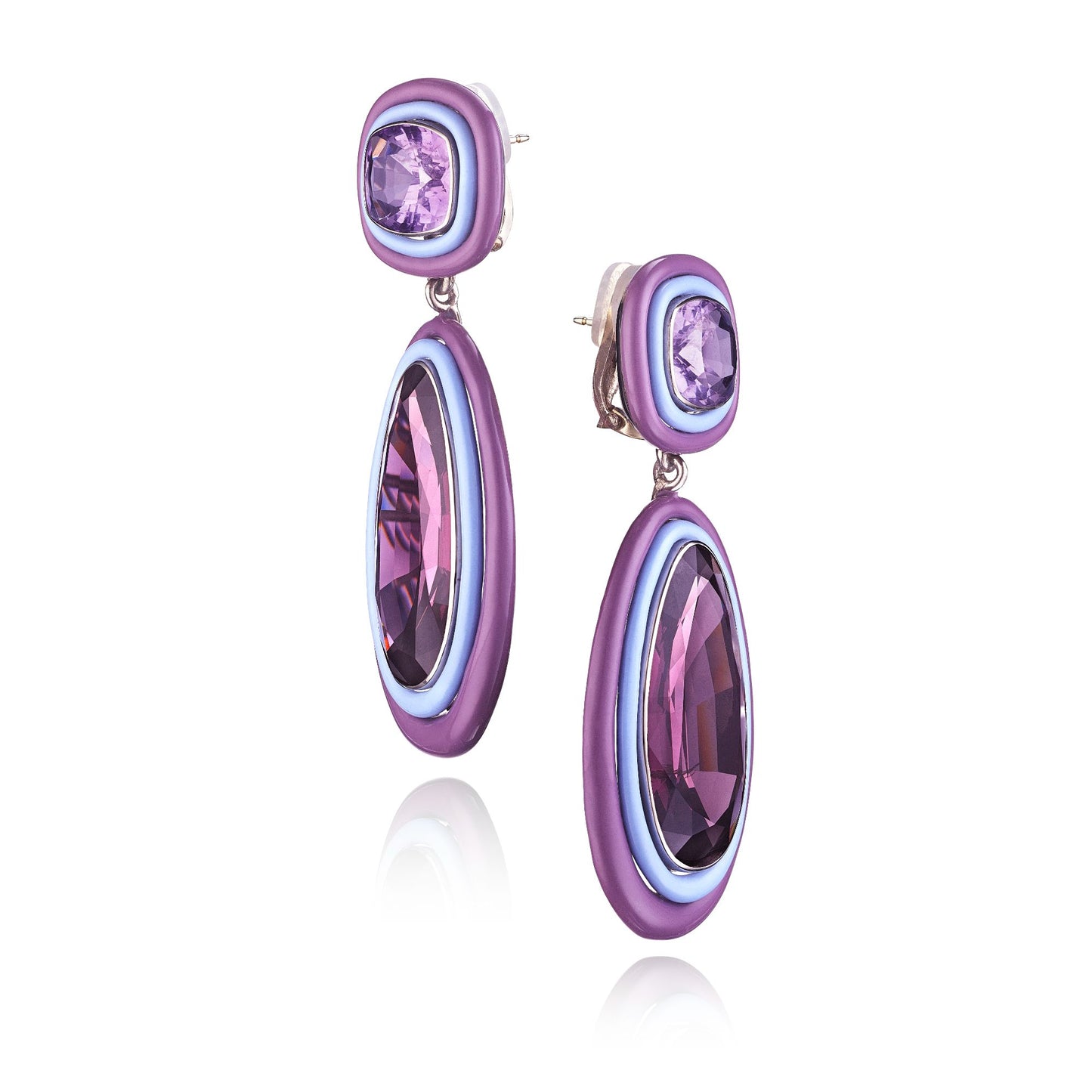 CHROMA DROPS: A PAIR OF CERAMIC, SPINEL, AND AMETHYST EAR CLIPS BY SIEGELSON, NEW YORK
