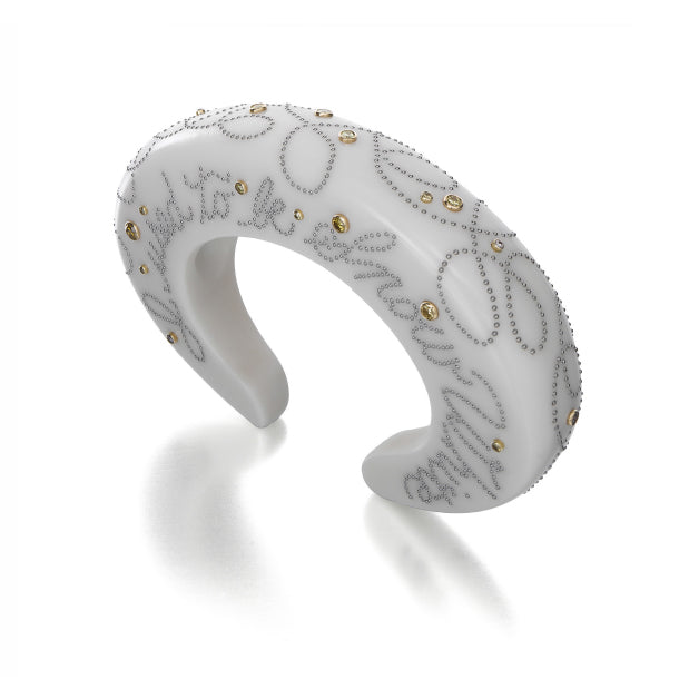 BAKELITE, STEEL, GOLD, AND DIAMOND CUFF BRACELET BY DANIEL BRUSH, NEW YORK, 2004
