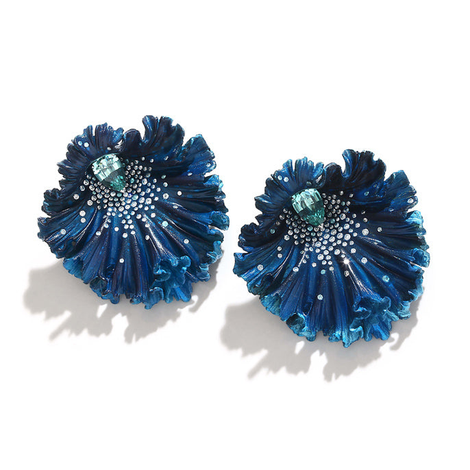 BLUE ALUMINUM, GOLD, DIAMOND AND TOURMALINE ORCHID FLOWER EARRINGS BY EMMANUEL TARPIN, PARIS, 2018