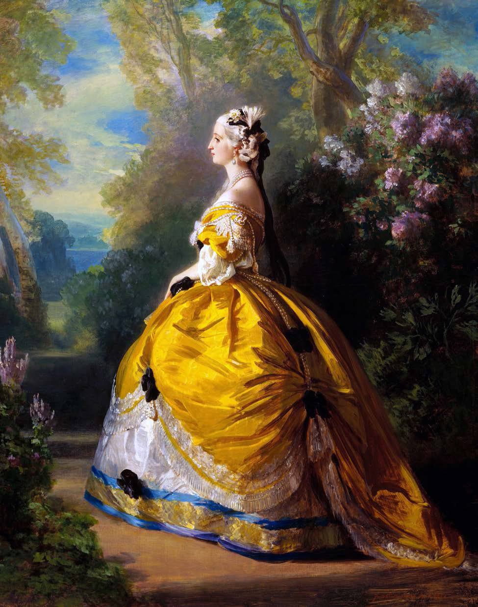 Franz Xaver Winterhalter’s portrait of The Empress Eugénie, 1854. The Empress is wearing her gray pearl drops and is dressed in an adaptation of a gown from the time of Marie Antoinette who was a great inspiration to her sense of fashion. Collection of The Metropolitan Museum of Art, New York.
