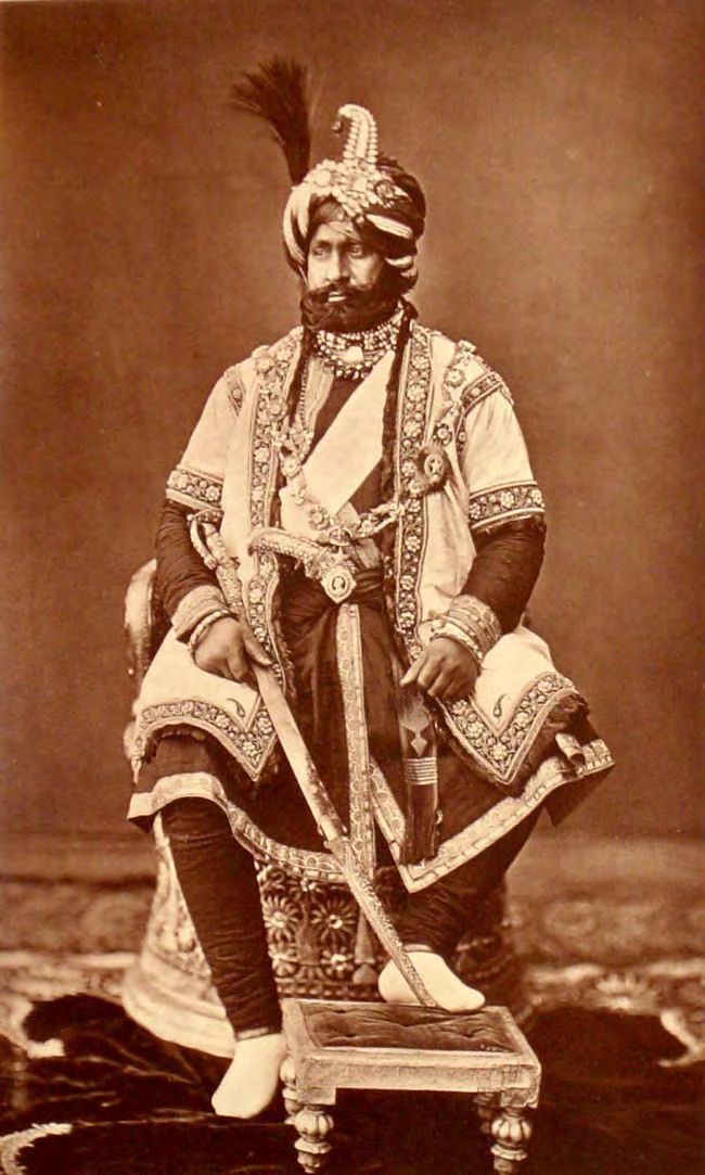 Ranbir  Singh,  Maharaja  of  Jammu  and  Kashmir,  photographed  in  1877  by  Bourne  and  Shepherd. Singh  was  maharaja  at  the  time  the  sapphires  were  discovered  and  claimed  the  mine.