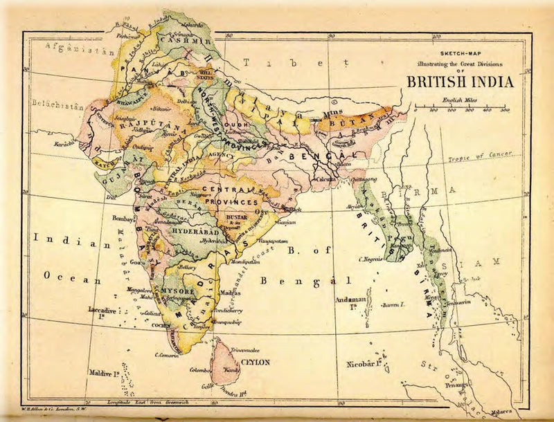 British  India  in  1880  at  the  time  of  the  landslide  that  revealed  the  sapphires.  Kashmir (Cashmir)  is  at  the  top  of  the  map  and  the  sapphire  mines  are  not  far  from  Srinagar.