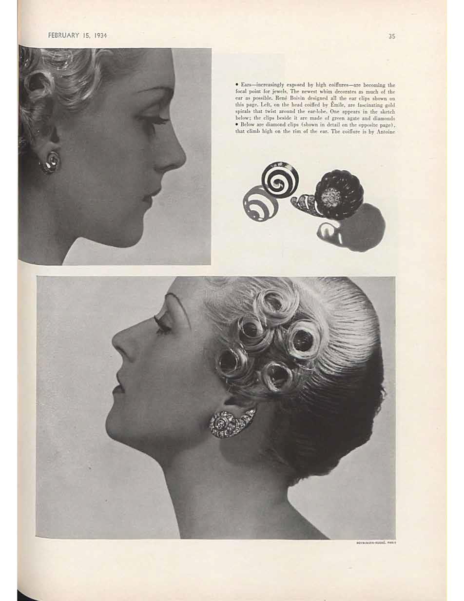 The ear clips are shown off to great effect against a spiraled hairstyle in this Hoyningen-Huene photograph.