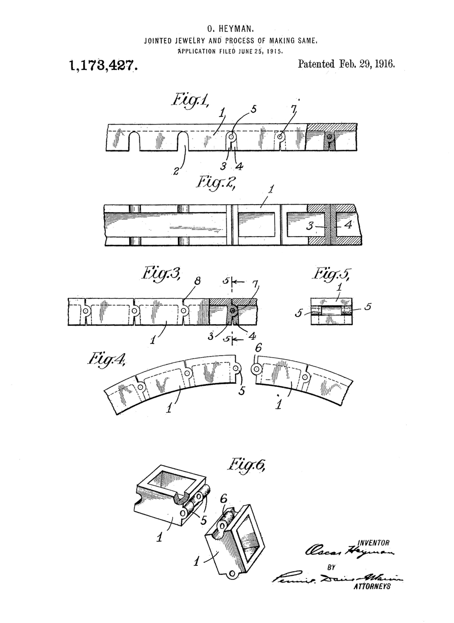 The patent by Oscar Heyman referred to by the stamp on the bracelet (PAT FEB 29–1916) covers improvements in making jointed jewelry.