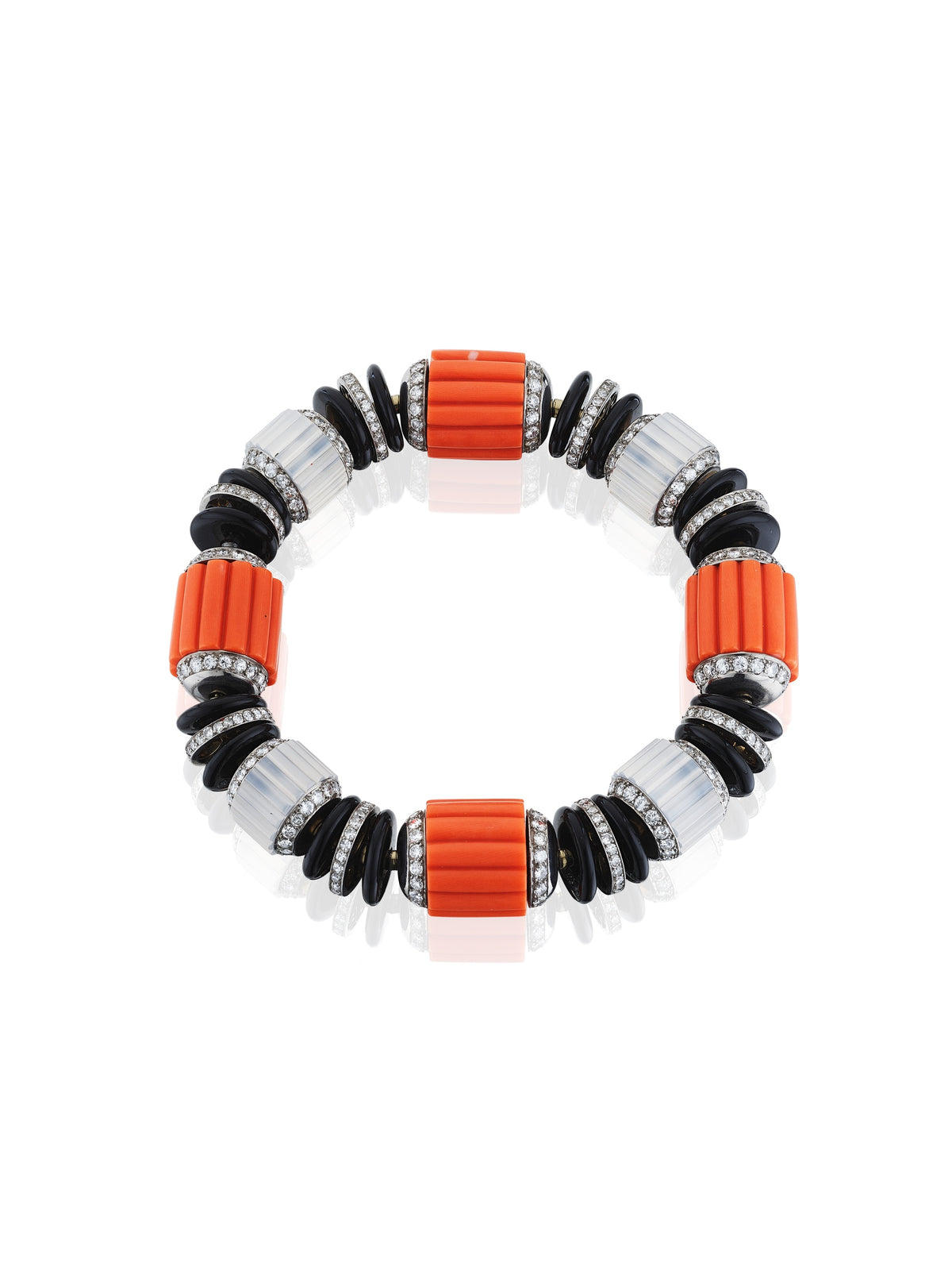 Art Deco Diamond, Coral, Rock Crystal, and Onyx Bracelet by Janesich, Paris, circa 1925 — additional professional view