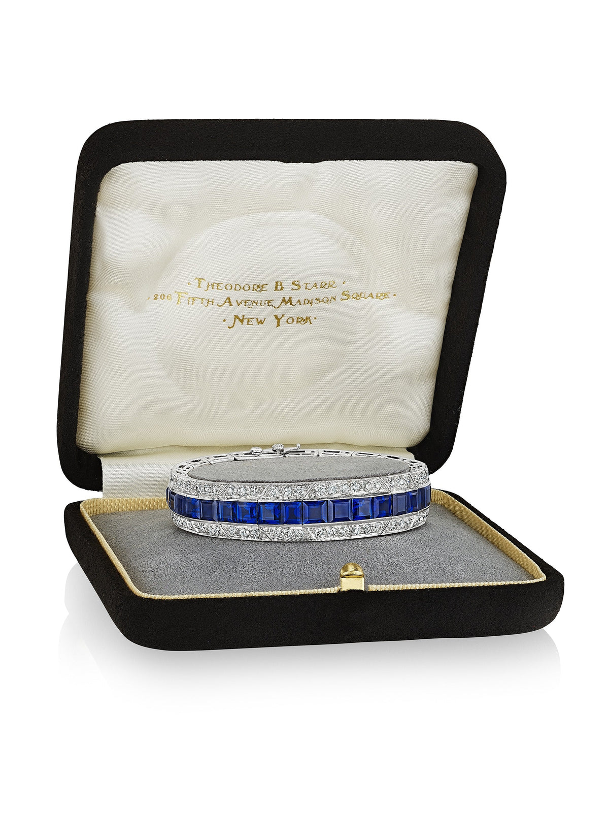 Art Deco Sapphire and Diamond Bracelet by T.B. Starr, New York, circa 1920 — boxed view