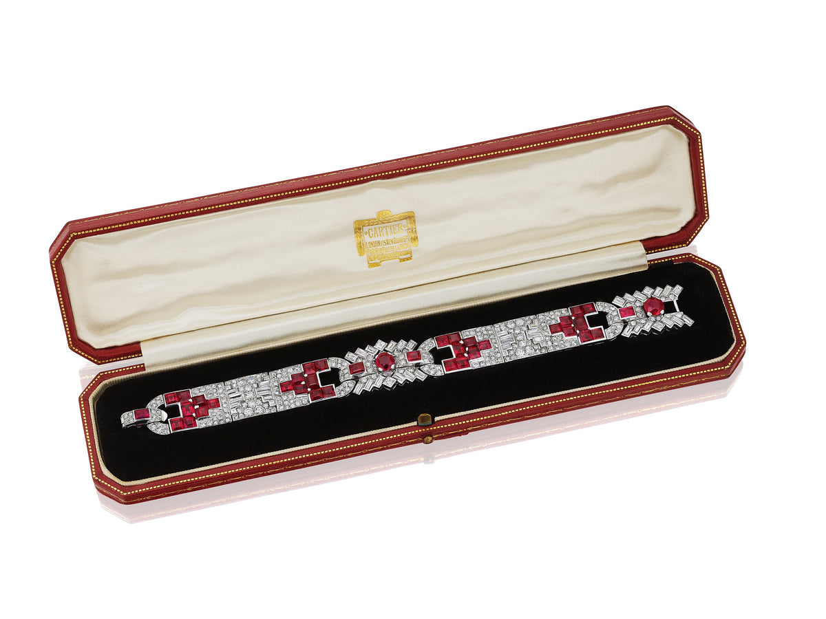 Art Deco Ruby and Diamond Strap Bracelet by Cartier, London, circa 1930