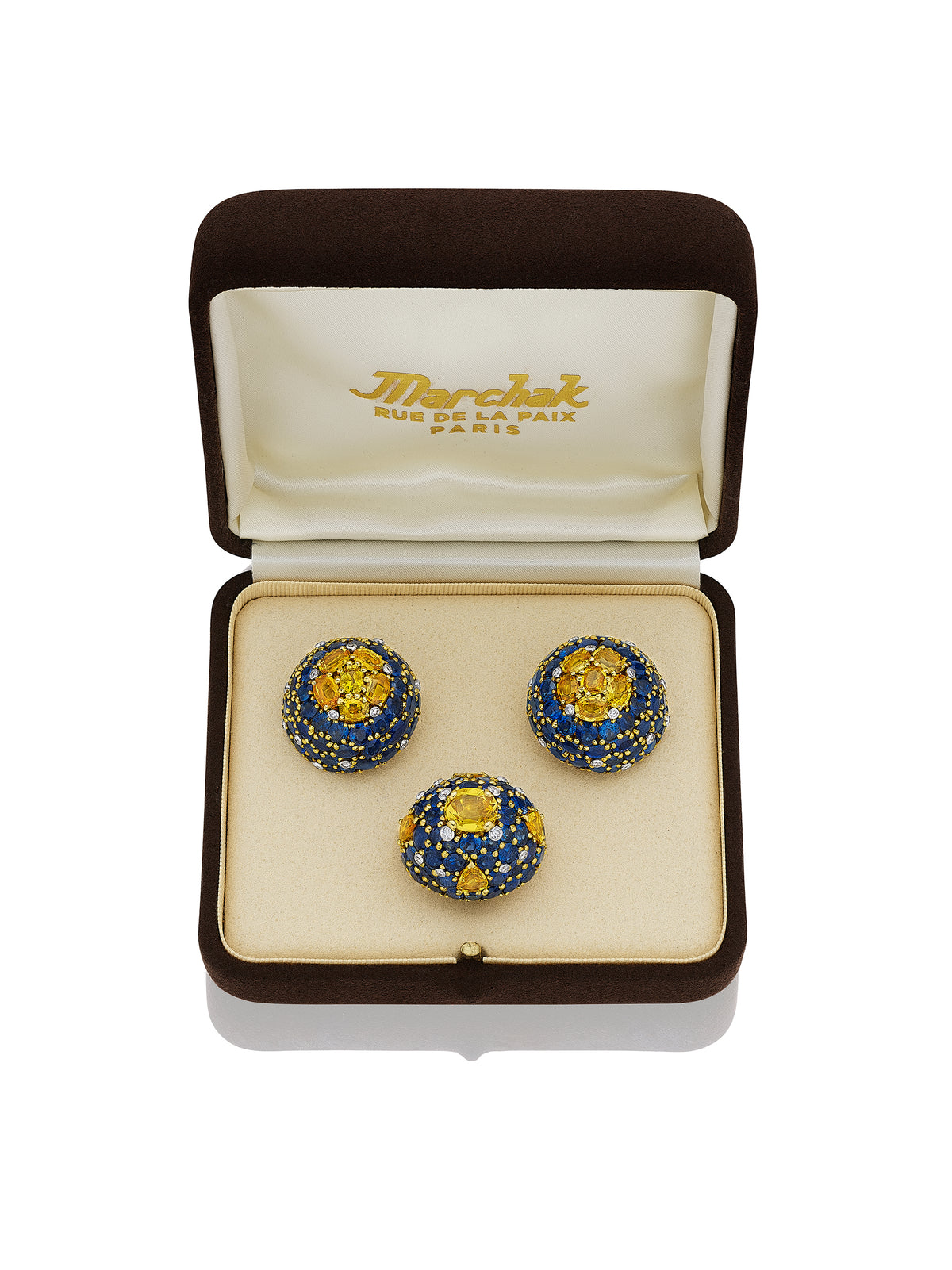 BICOLORED SAPPHIRE AND DIAMOND SUITE BY MARCHAK, PARIS, CIRCA 1960