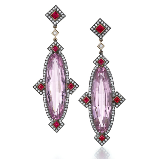 Pair of Kunzite, Ruby, and Diamond Ear Pendants by Siegelson, New York