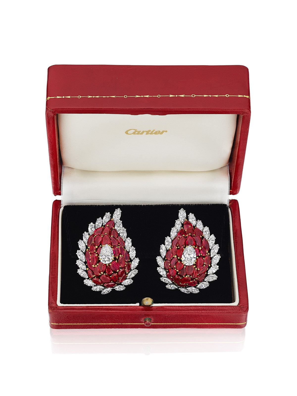 Pair of Ruby and Diamond Boteh Ear Clips by Cartier, Paris, circa 1970