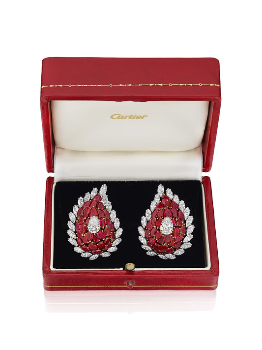 Pair of Ruby and Diamond Boteh Ear Clips by Cartier, Paris, circa 1970