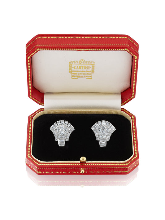 Art Deco Egyptian Revival Diamond Lotus Flower Ear Clips by Cartier, London, circa 1930