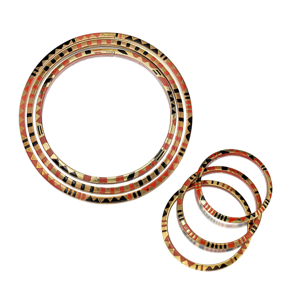 Red and Black Lacquer and Oréum Set of Three “Giraffe” Necklaces and Three Bracelets by Jean Dunand, Paris, circa 1927