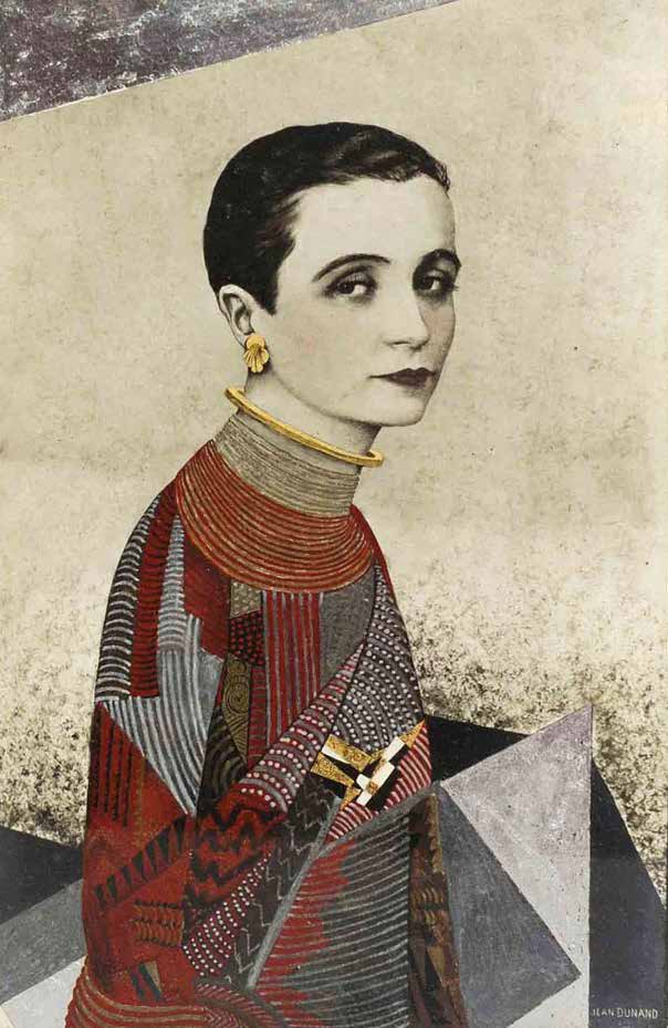 Jean Dunand’s portrait of Madame Agnès, who is wearing lacquered fabric by Dunand, as well as a Giraffe necklace, 1925–1926.