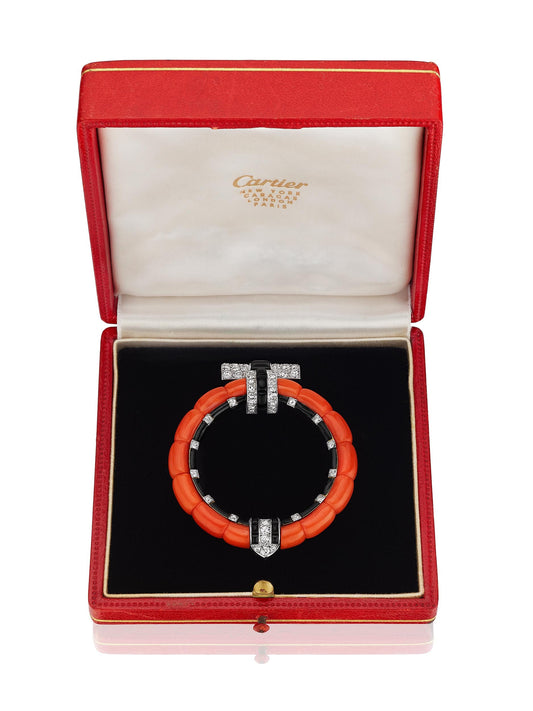 Art Deco Coral, Onyx, and Diamond Brooch by Cartier, Paris, circa 1922