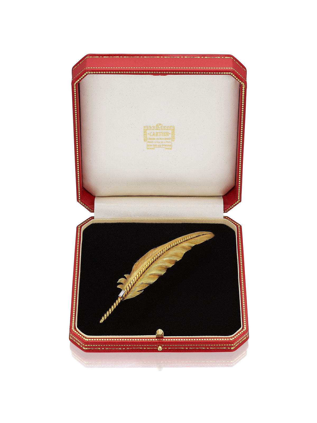 Gold and Diamond “Plume” Brooch by Cartier, Paris, circa 1940 — boxed view