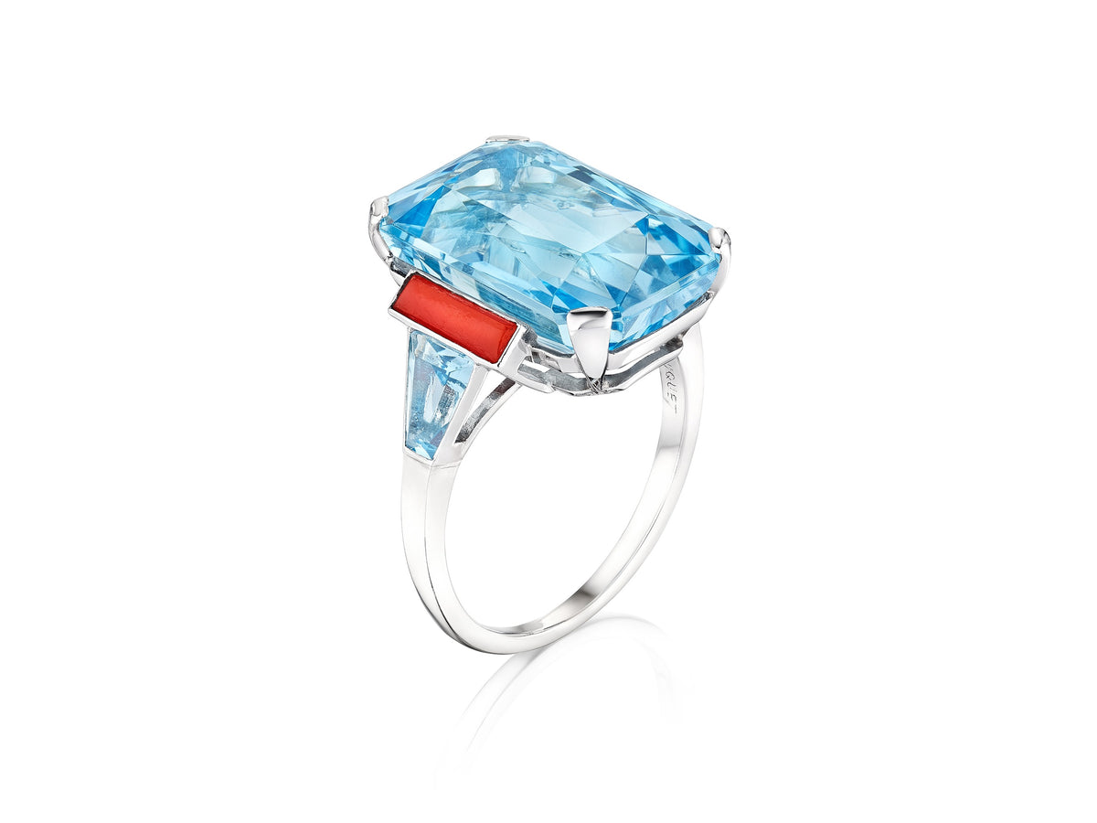 Art Deco Aquamarine and Coral Ring by Jean Fouquet, Paris, 1935