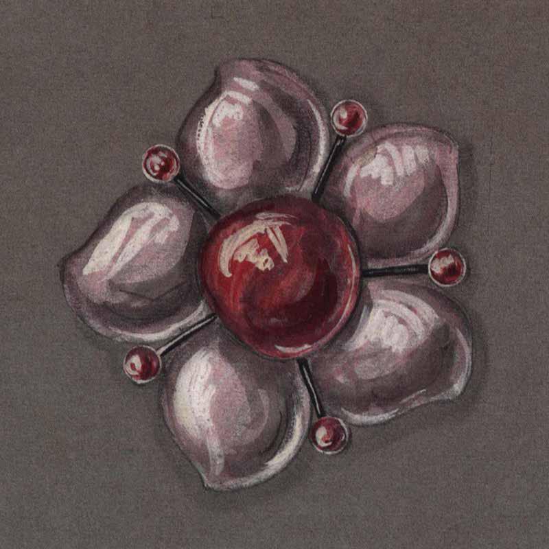 The original design goauche for the rose quartz flower brooch.