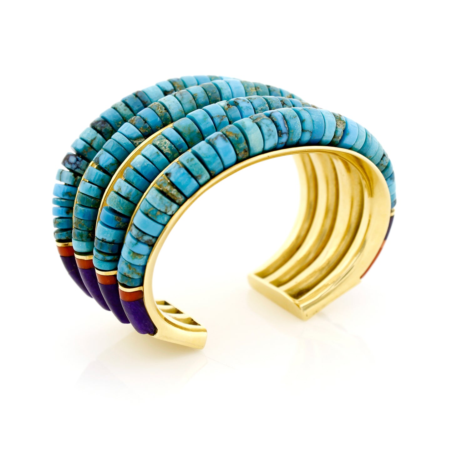 TURQUOISE, CORAL, SUGALITE, AND GOLD BRACELET AND RING BY CHARLES LOLOMA, HOTEVILLA, ARIZONA , CIRCA 1975