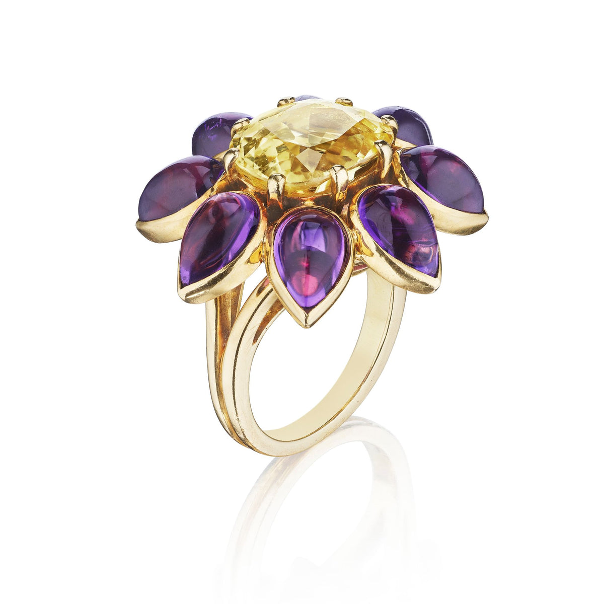 SUITE OF AMETHYST, YELLOW SAPPHIRE, AND CITRINE BROOCH, EAR CLIPS, AND RING BY SUZANNE BELPERRON, PARIS, 1951