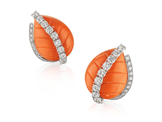 Pair of Coral and Diamond Leaf Ear Clips by Cartier, Paris, circa 1955
